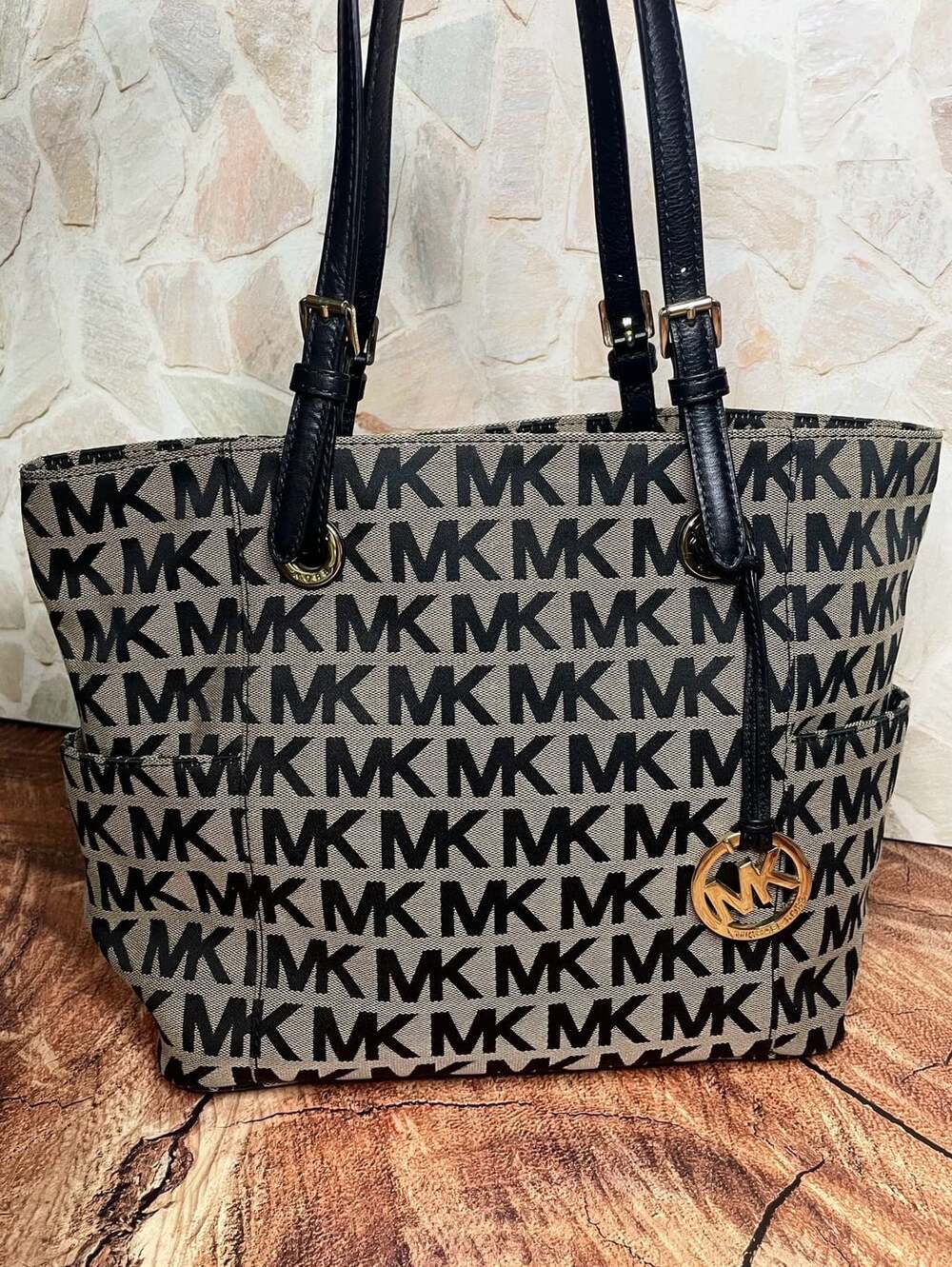 Michael Kors Black and Beige Signature Jacquard Tote Shoulder Handbag